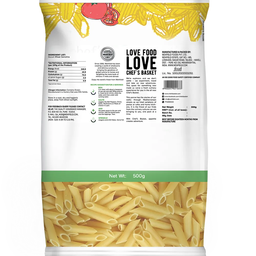 Chef's Basket - Durum Wheat Penne Pasta Pouch Net Qty: 500 g